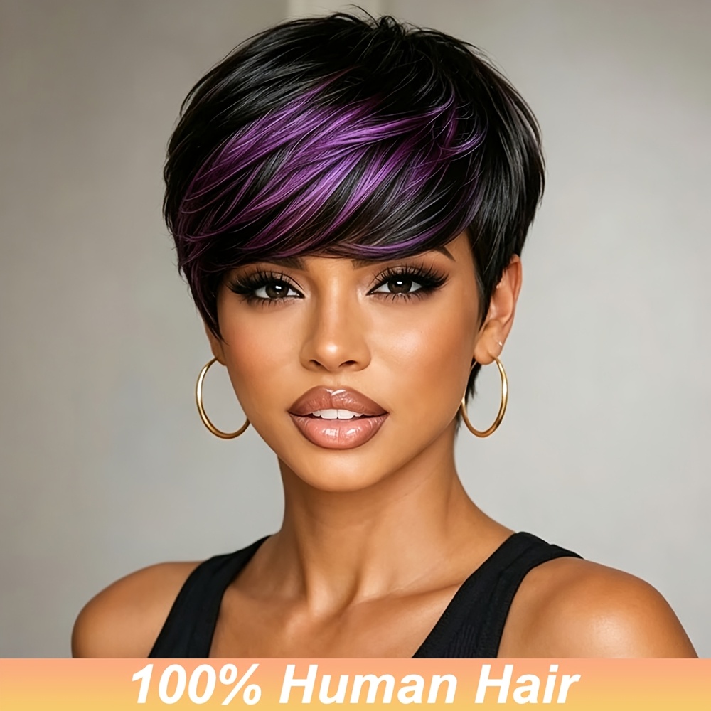 Women' Short Layered Human Hair Wig Suitable For - Purple Straight Cut With Bangs, 1b/purple Color, 180% Density Wig With Breathable For Everyday & Party Wear, Design