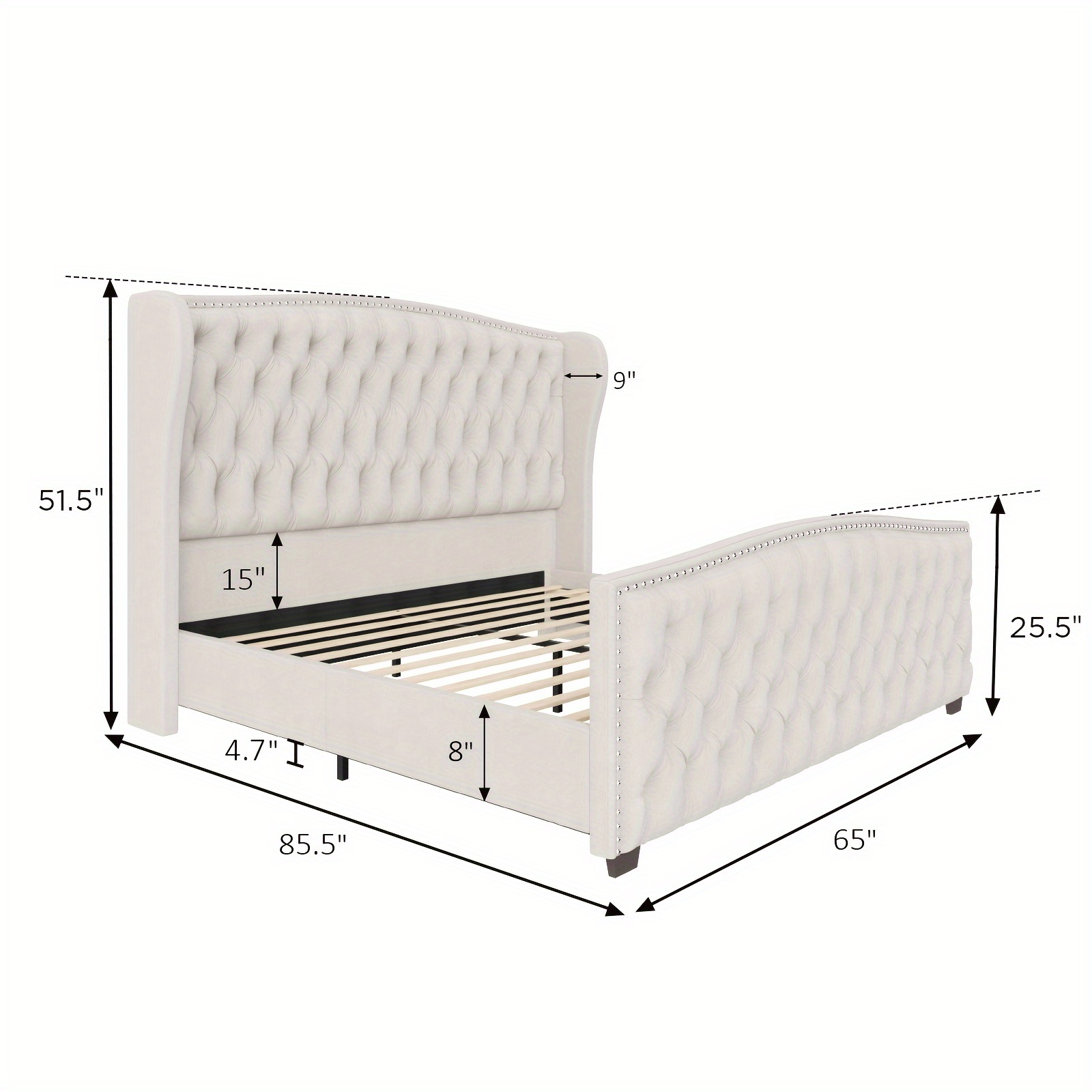 Handcrafted Velvet Bed Frame Featuring a Wingback Headboard, Adorned with Button Tufting And Nailhead Accents, Supported by Wooden Slats.