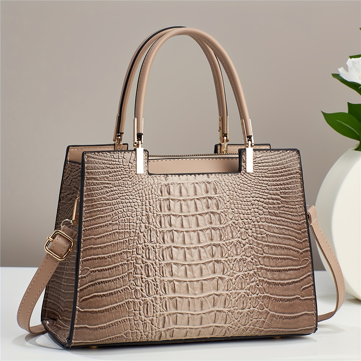 

Small Handbag For Women, Stylish Crocodile Pattern Tote Bag, Color Contrast Crossbody Bag, Fashion Satchel Purse With Multi Pockets