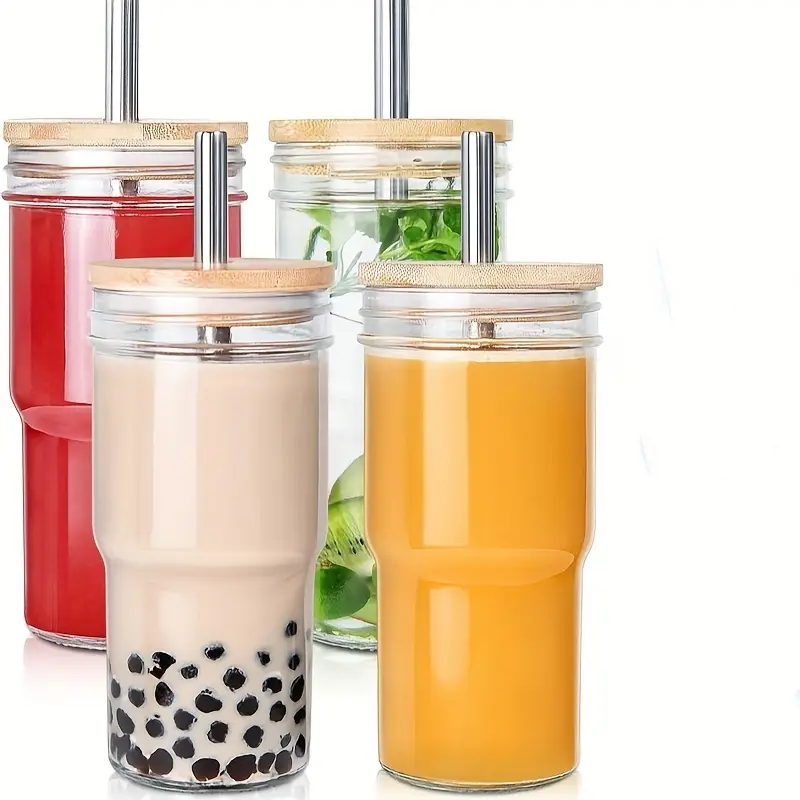 4pcs of 24 ounce glass cups with lids and straws cute cups drinking can set reusable glass water cups for making cold boiled juice mothers day gift christmas gift with with two cup brushes Product details 6