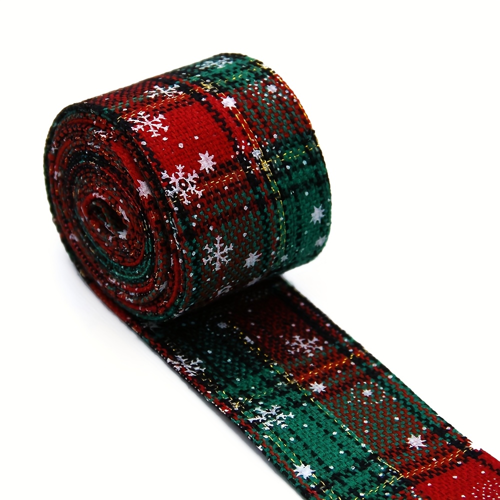 TEMU 5-yards/roll Christmas Plaid Ribbon With Golden Snowflake Offset Print & Thread - Fabric Suitable For Holiday Gift Wrapping, Diy Crafts,