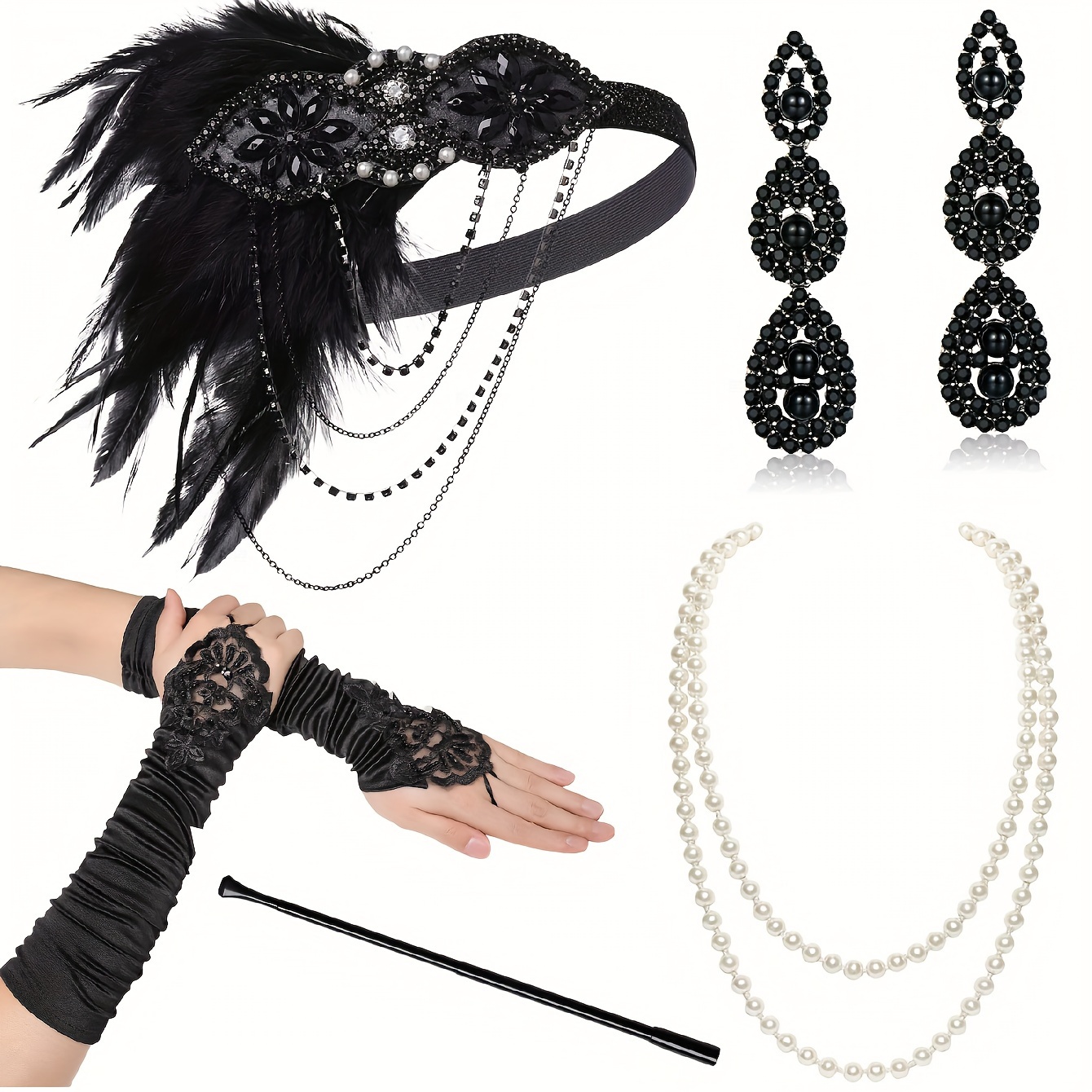 TEMU 1920s Flapper Accessories Costume Accessories Set 20s Flapper Headband Pearl Necklace Gloves Plastic Holder