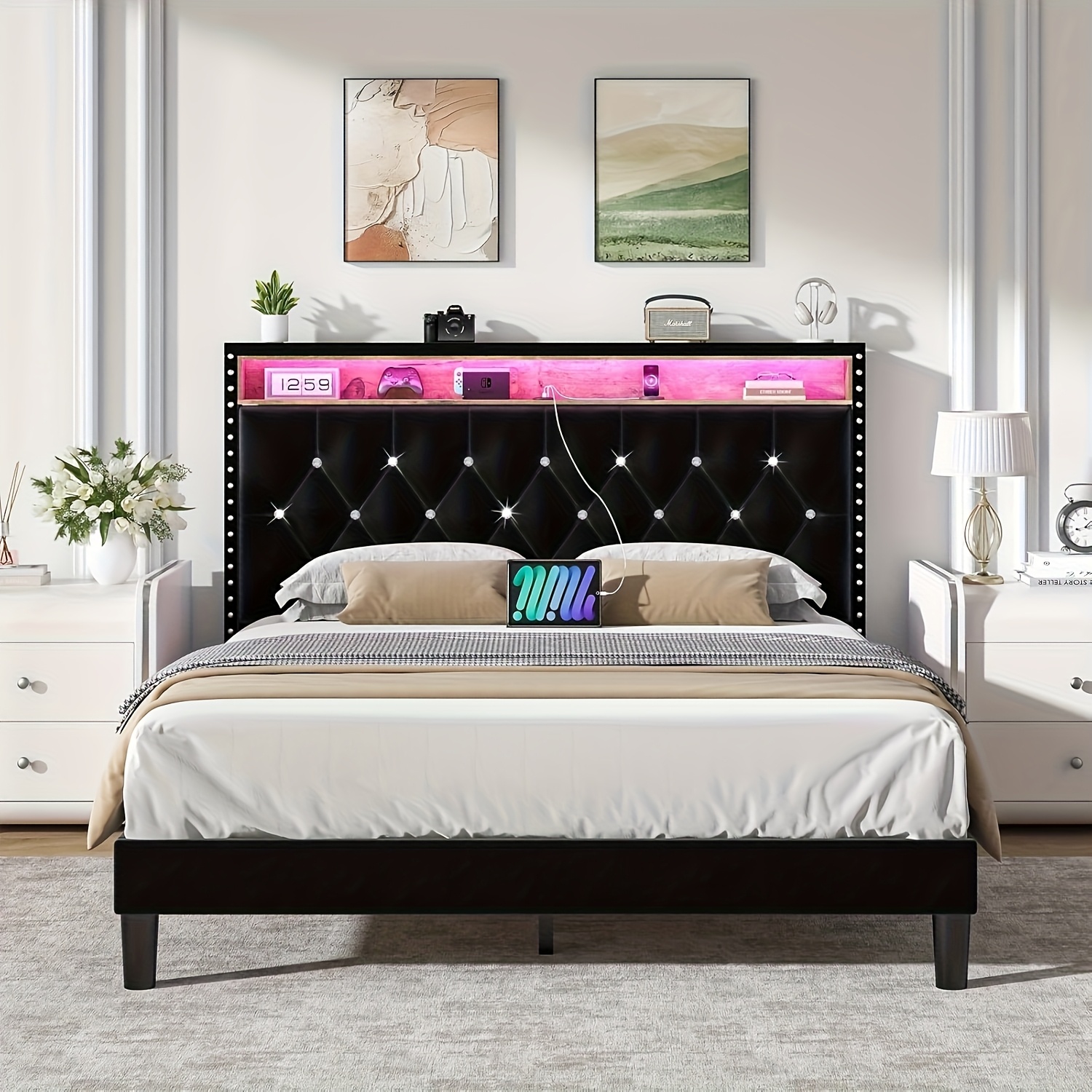 TEMU Black Bed Frame Featuring Led Lights, A Velvet Upholstered Platform With A Storage Headboard, A Charging Station, And A Diamond Tufted Design - Spring Needed And Easy To Assemble