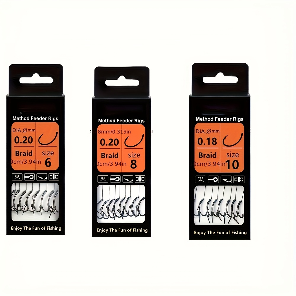 Image of 3 Packs Method Type Feeder Fishing Rope | 24pcs 10.16cm Braided Line With Barbed Hooks Sizes 6, 8, 10, 12 | Stainless Steel