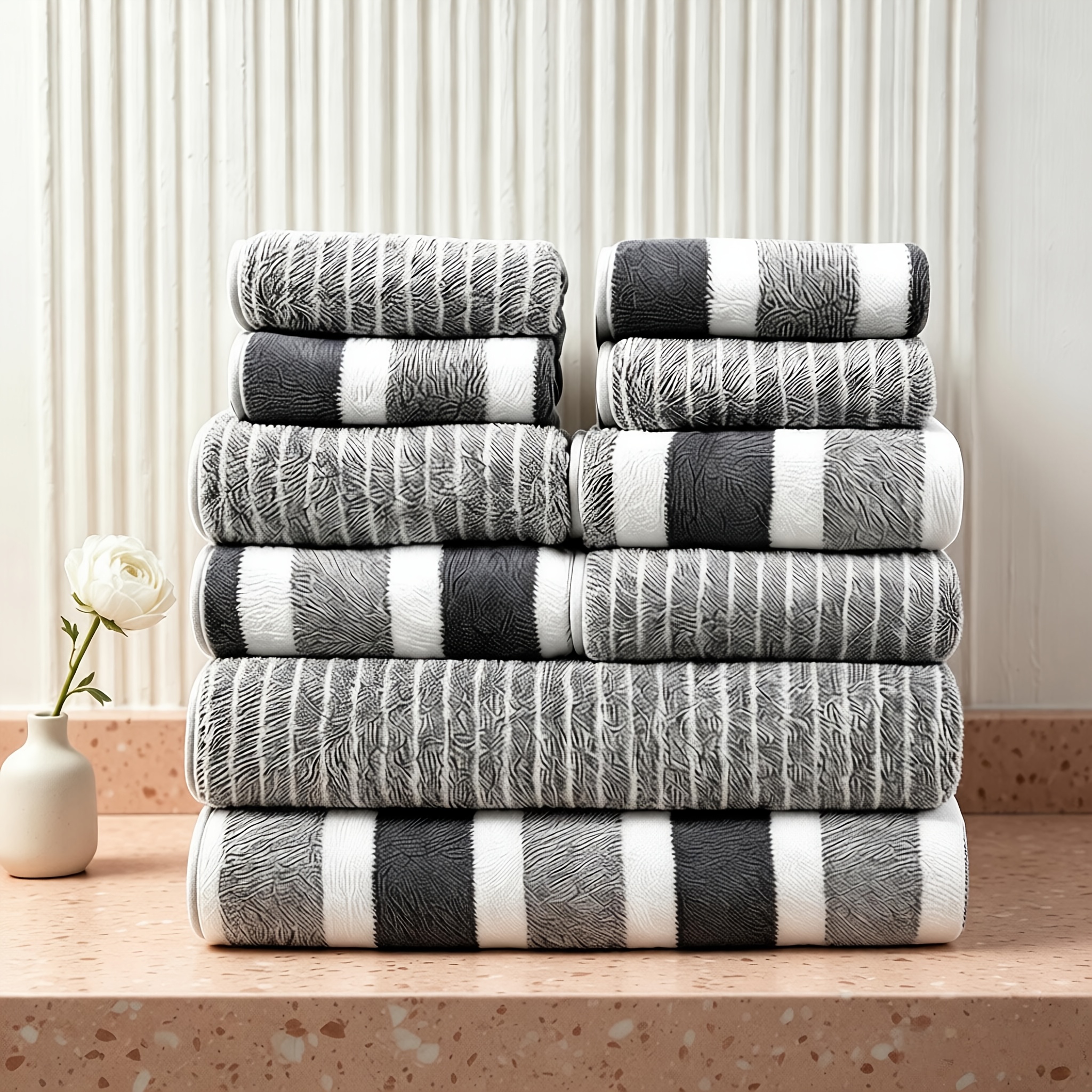 TEMU 10pcs Wide And Thin Striped Soft Towel Set, 2 Bath Towels + 4 Hand Towels + 4 Washcloths, Household Absorbent Hand Towel, Hand Towel, Guest