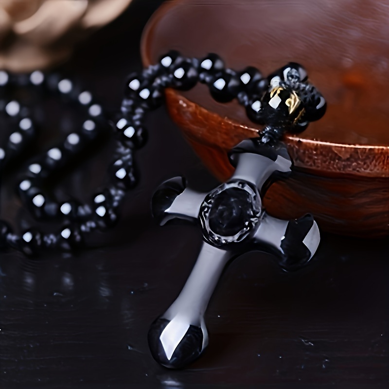 

Classic Religious Style Christian Good Luck Amulet Cross Obsidian Pendant Necklace Women's Daily Casual Wear Jewelry