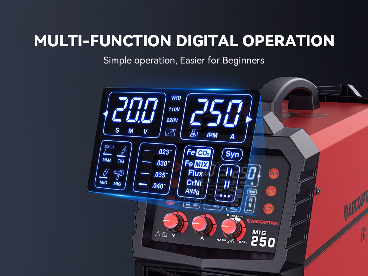 250a mig welder 110v 220 mig gasless flux core mig stick lift tig spool gun spot 6 in 1 aluminum welding machine professional welder large led display with lift tig gun spool gun sold separately without battery Product details 4