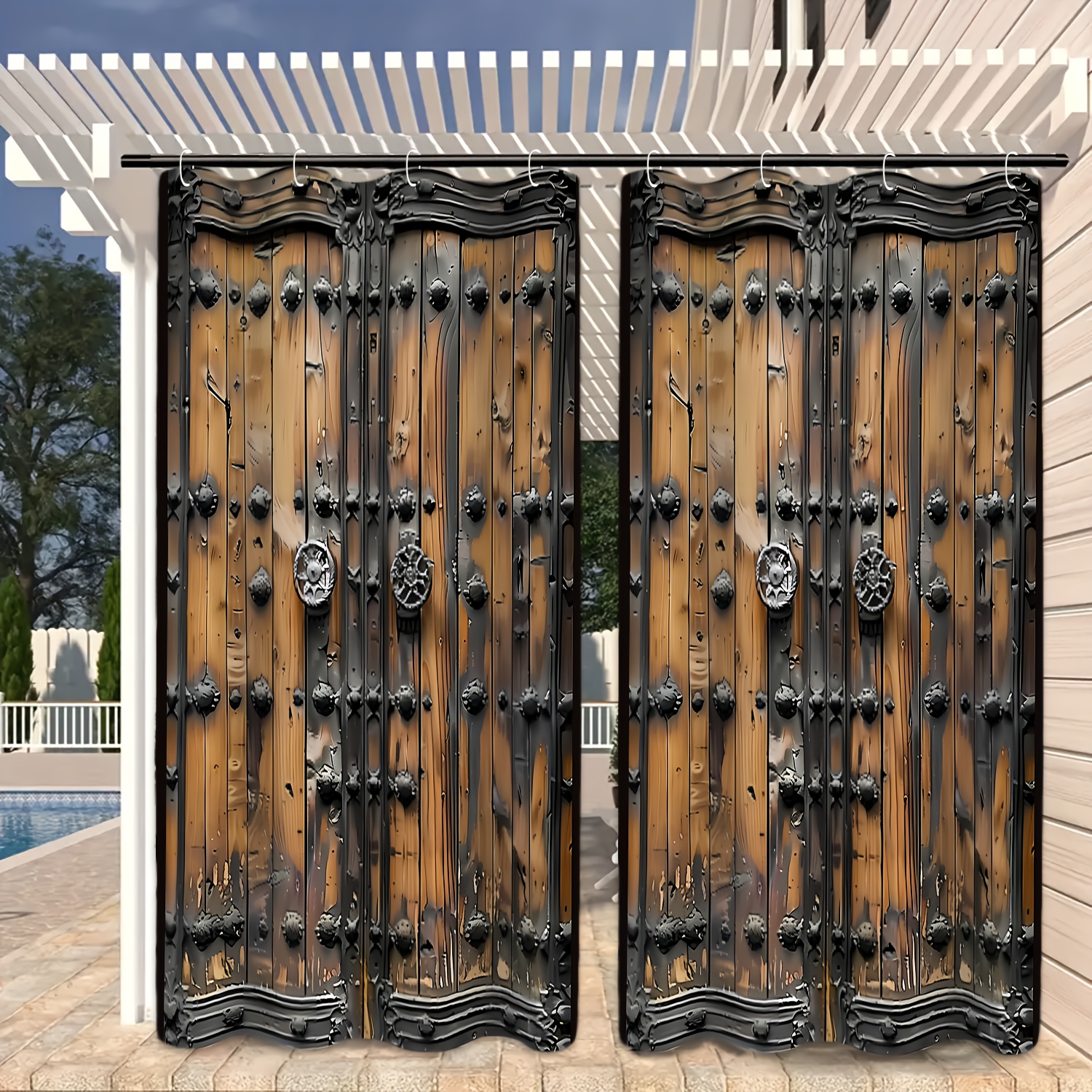 

1pc/2pc Set Vintage Artistic Outdoor Curtains, Rustic Wooden Door Pattern, Waterproof Polyester Sun Shade Drapes For Patio Garden, Uv Protection, Seasonal Use, Includes Hooks