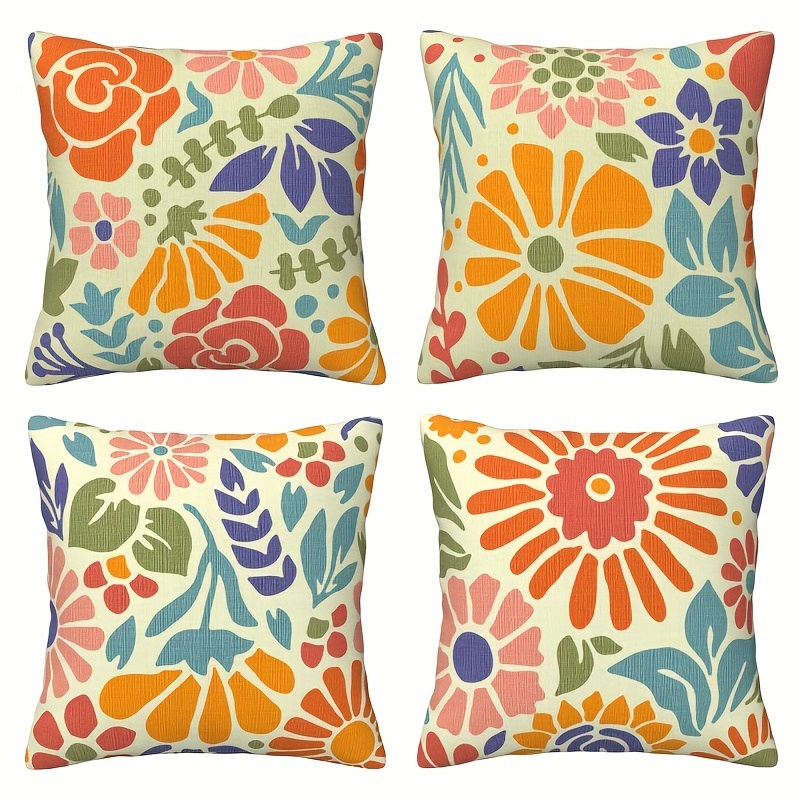 

4pcs Housses de Coussin Chic - Design Floral Coloré, Mélange de Lin, Housse de Coussin Décorative Zippée pour Canapé & Décoration de Ferme, Entretien Facile