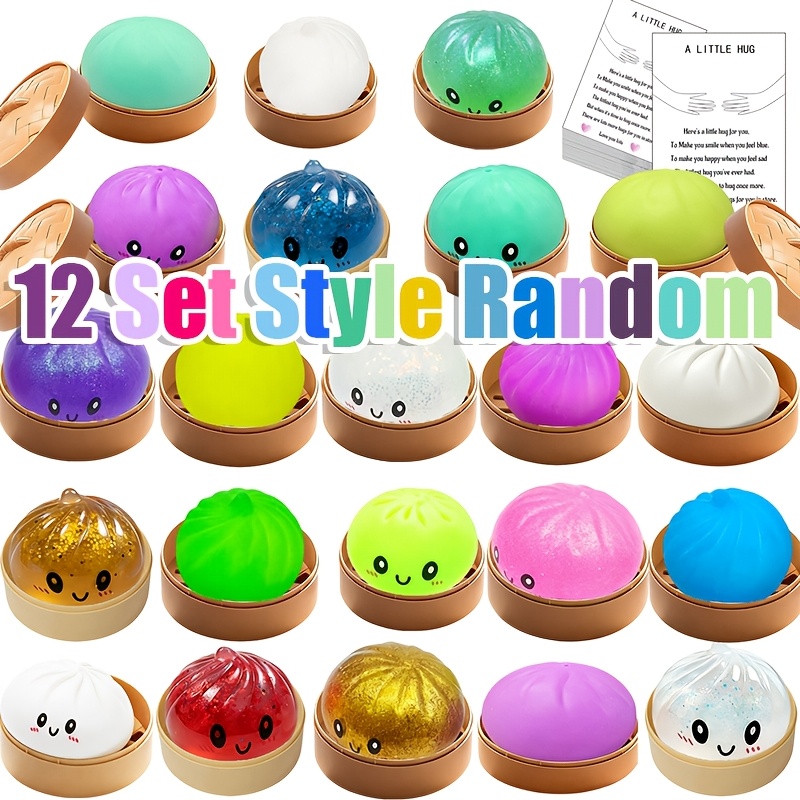 Gift for Her/Him [Random]Multi Party Favors Pack 3/6/12 Set Mini Mixed Dumpling   Soft Baozi with Cards Bulk, Mother s Father s Day Birthday  , Dumpling   Slow Rebound   Stretchy Stress Balls with Steamer,  