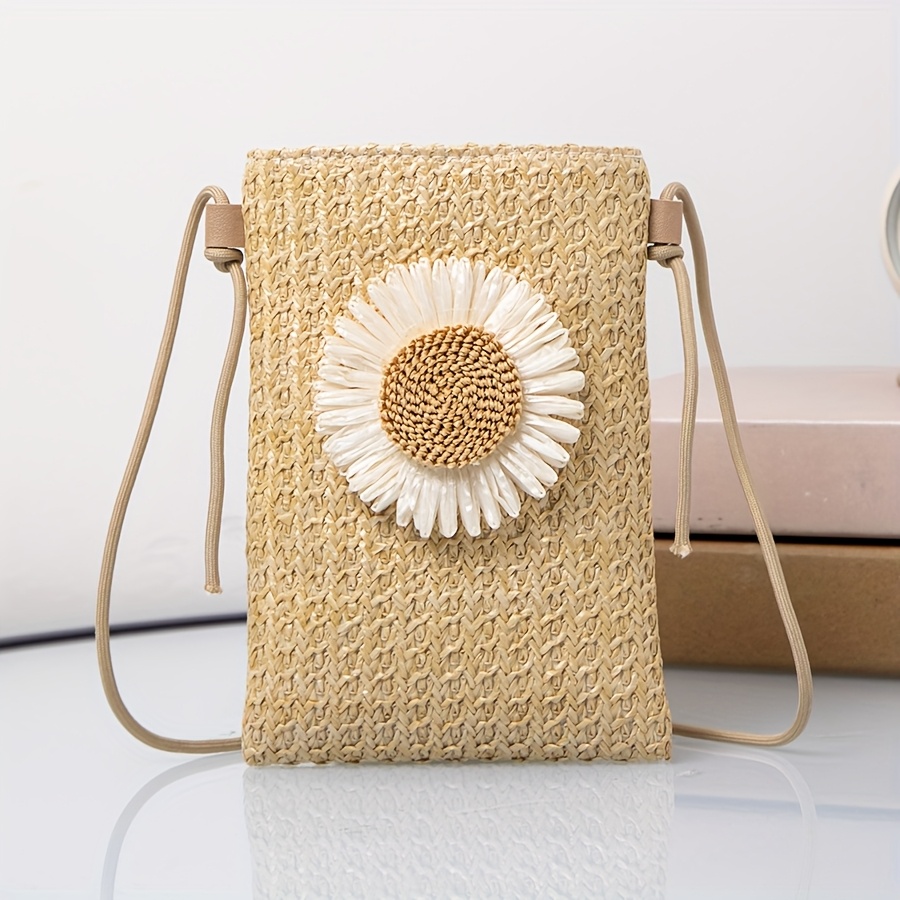 Women's Mini Bohemian Woven Crossbody Bag Chic Daisy Sunflower Clutch  Shoulder Purse in Beige, Handcrafted Fabric Design for Casual or Summer