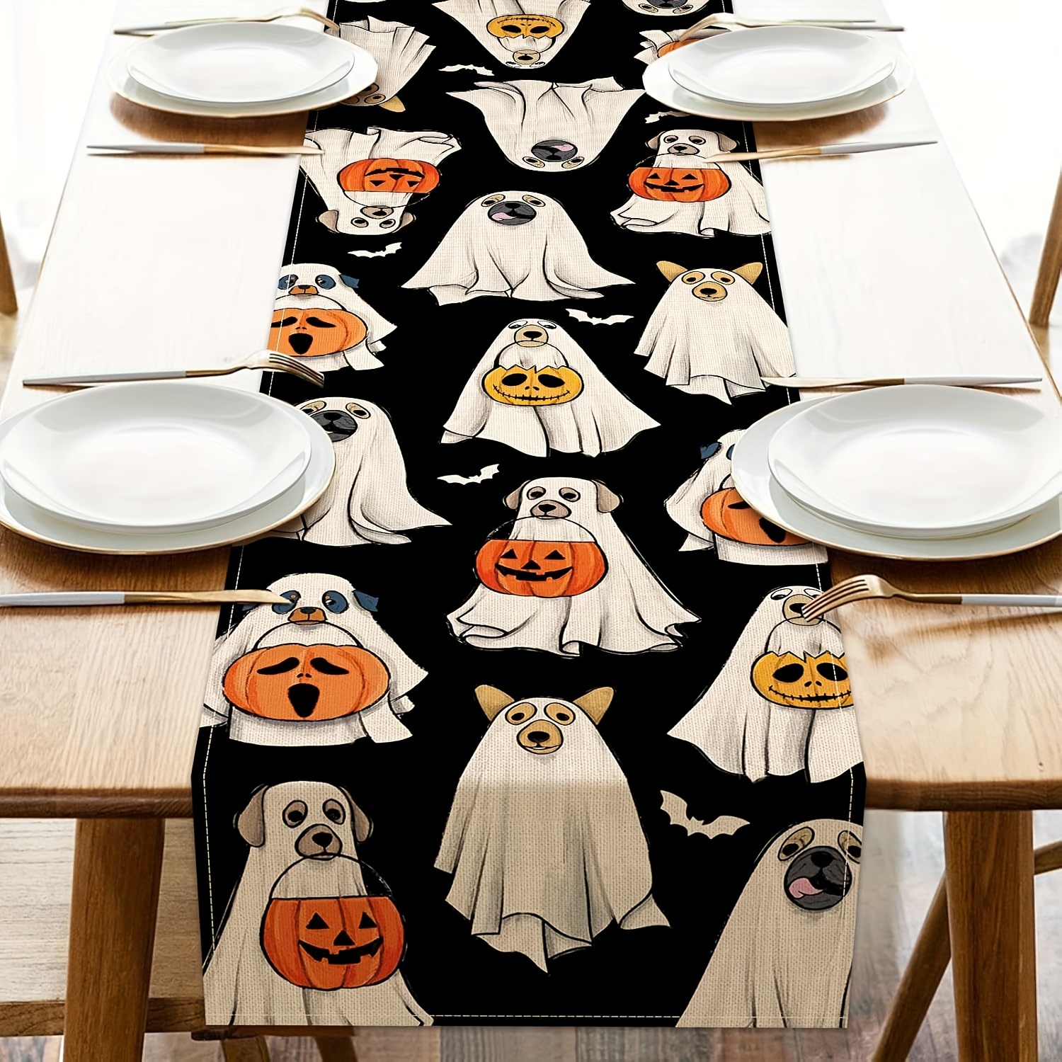 

Linen Table Runner - 1pc, Woven Spooky Dog Motif With Lantern Pumpkin Bat, Festive Indoor Home Decor For Dining Table, Party Supplies