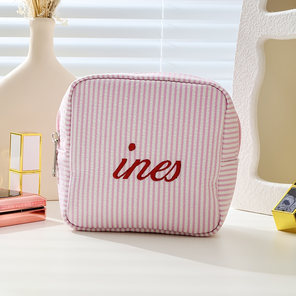 TEMU [custom Embroidery] Personalized Customizable Name Fashion Portable Travel Business Toiletry Bag, Striped Makeup Bag Handbag, Toiletries