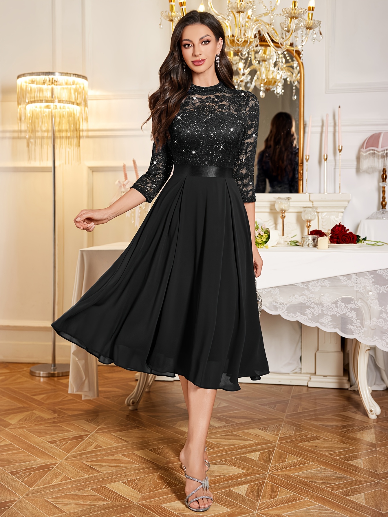 black lace dress three quarter sleeve Long Black and Blue Lace Formal Gown with Sleeves Black/Navy / 4