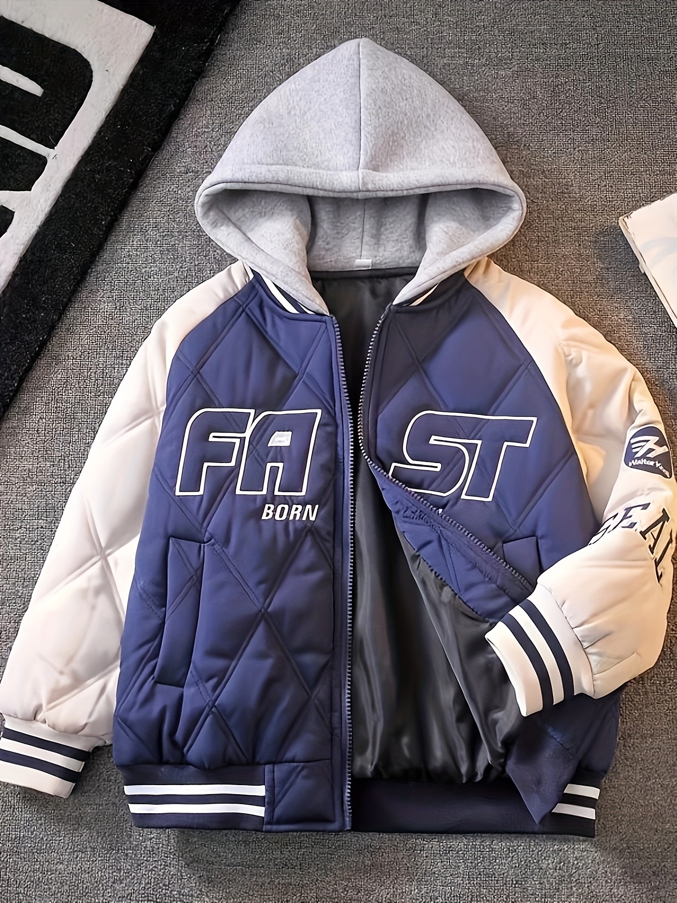 *'s Trendy Padded Baseball Jacket Navy Blue White Varsity Style with  &*;FAST BORN&*; Lettering, Hooded Collar, Zip-Up Closure for Fall/Winter - Main Image