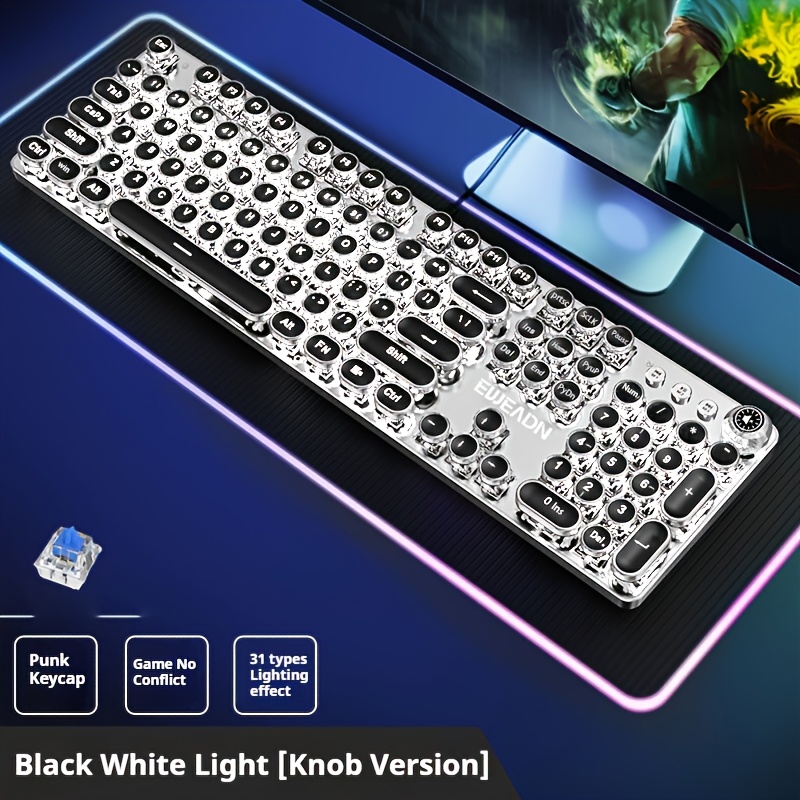 Clavier de jeu mécanique EWEADN Punk Typewriter, panneau entièrement métallique, 104 touches, pavé numérique pleine taille, rétroéclairage LED multicolore, connexion filaire USB_voghion.com