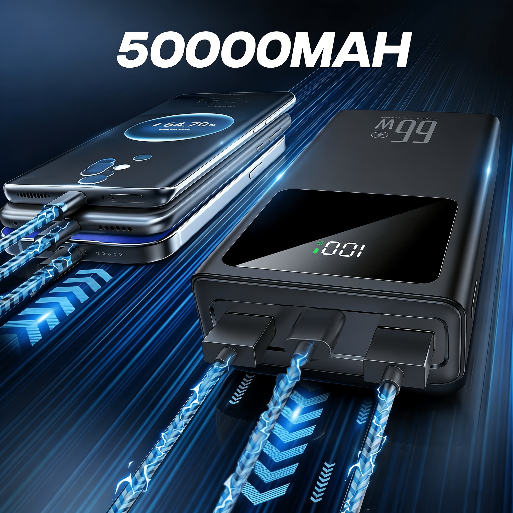 TEMU 50000mah Power Bank Fast Charging - 66w Portable Charger With 2 Usb Ports, Type-c Input/output & Micro Input, Large Led Display Battery Level,