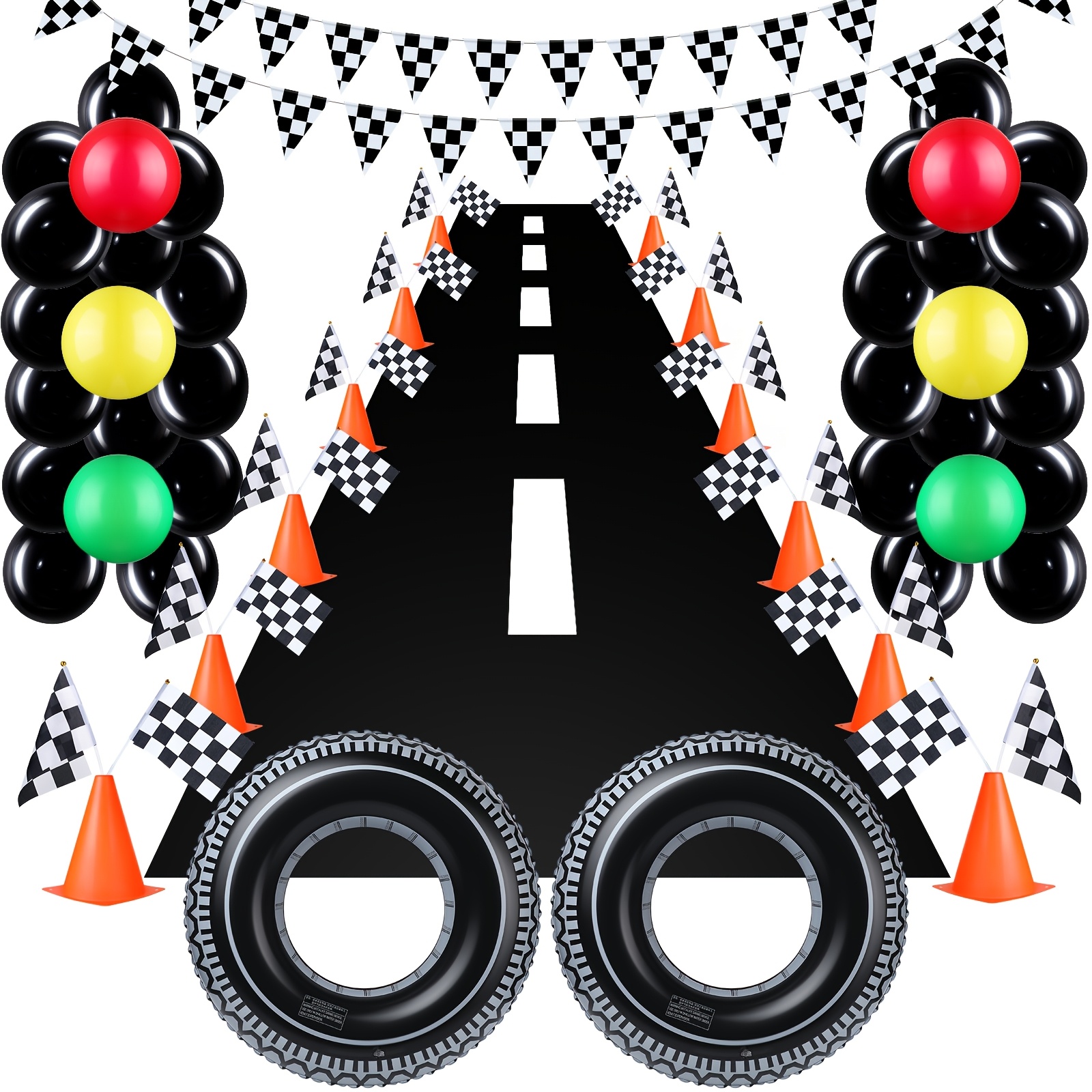 

Geyee 78pcs Race Car Theme Birthday Party Supplies Kit With Balloons, Cones, , Banners, Tire Swimming Rings, Track Mat, And Accessories - Plastic Party Decorations