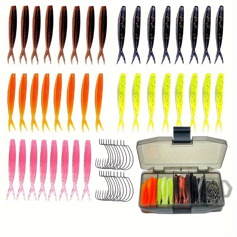 

60pcs Dual-color Soft Lure Kit - Pvc Bionic Worms With Crank Hooks, Lead-free Fishing & Hunting Gear Set