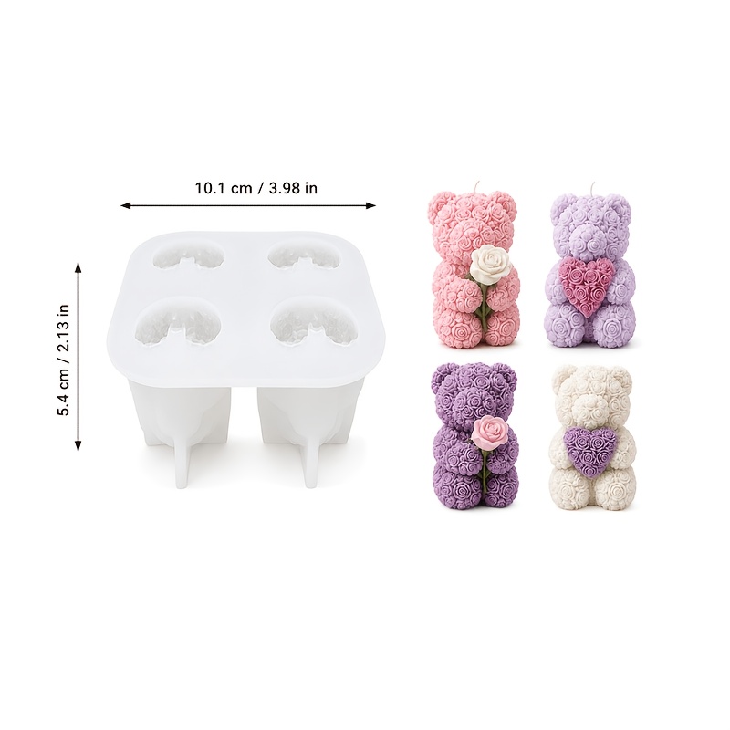 TEMU Set di stampi in silicone a 4 cavit� con teddy a forma | Stampi 3D per statuette di orsi con di bouquet di rose e per resina, cera, gesso e