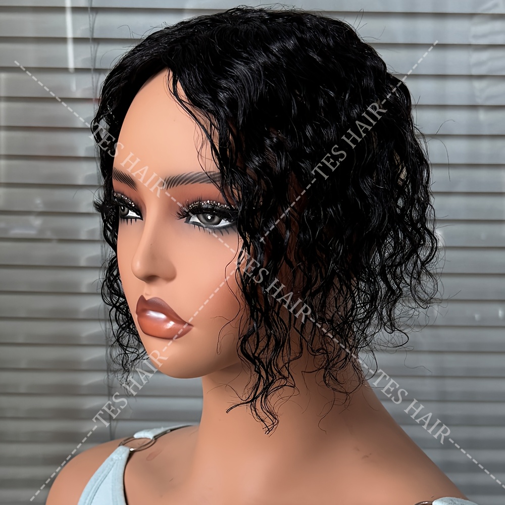 TEMU 백인여성용 내추럴 컬러 생인모 토퍼 익스텐션 - 자연스러운 느슨한 웨이브가 있는 숏 컬리 워터 웨이브 토퍼, 볼륨 및 블렌딩을 위한 클립/본딩, 짧은 헤어라인 커버용 데일리용 헤어토퍼