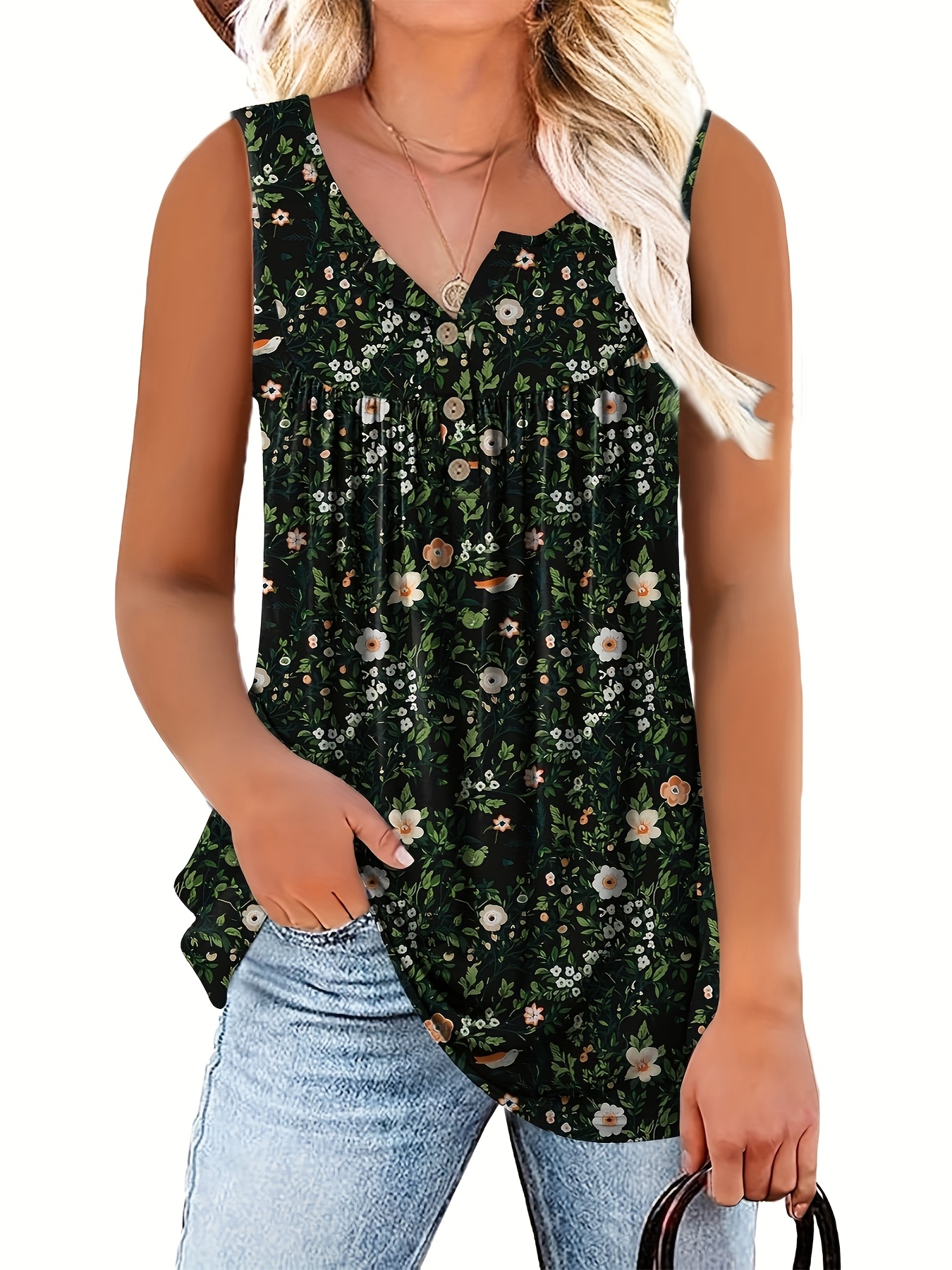 Women'S Floral Print Sleeveless Henley Neck Top - Casual Summer Tank Top, Green with White Flowers, V-Neck, Button Detail, Polyester Fabric, Perfect for Vacation or Casual Attire, Summer Casual Wear | Vneck Top | Medium Stretch Material, Floral Print Tank To