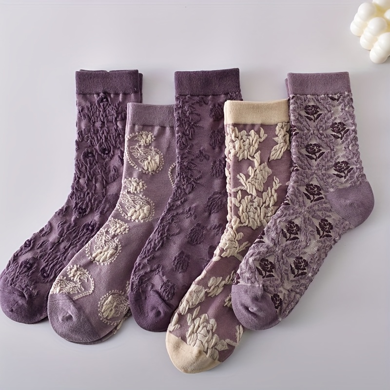 TEMU 5 Pairs Of Elegant Women's Mid-calf Socks | Soft 3d Floral Lace Design, Ribbed Cuffs, Machine Washable, Ideal For Casual Outfits, Cute Socks