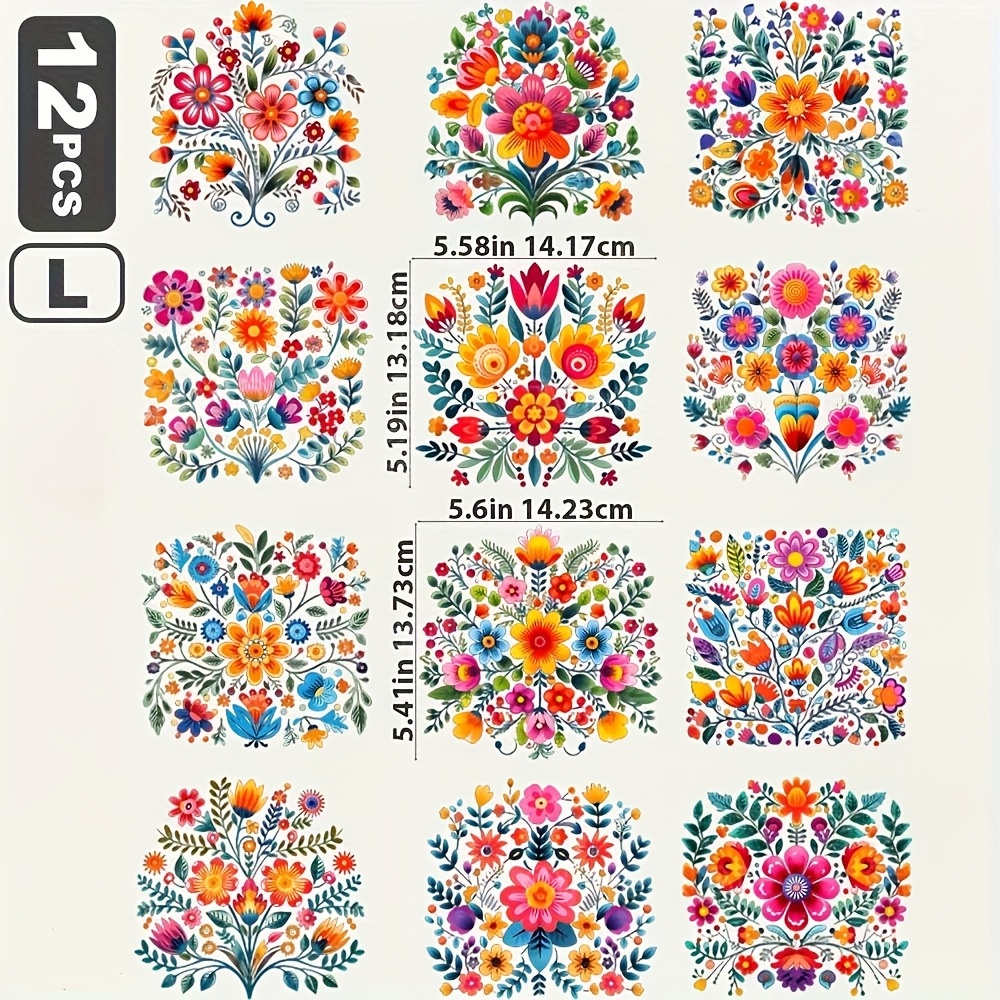 TEMU 12 transferencias duraderas lavables termoadhesivas, tema floral , de vinilo, pegatinas de transferencia de , transferencias termoadhesivas para