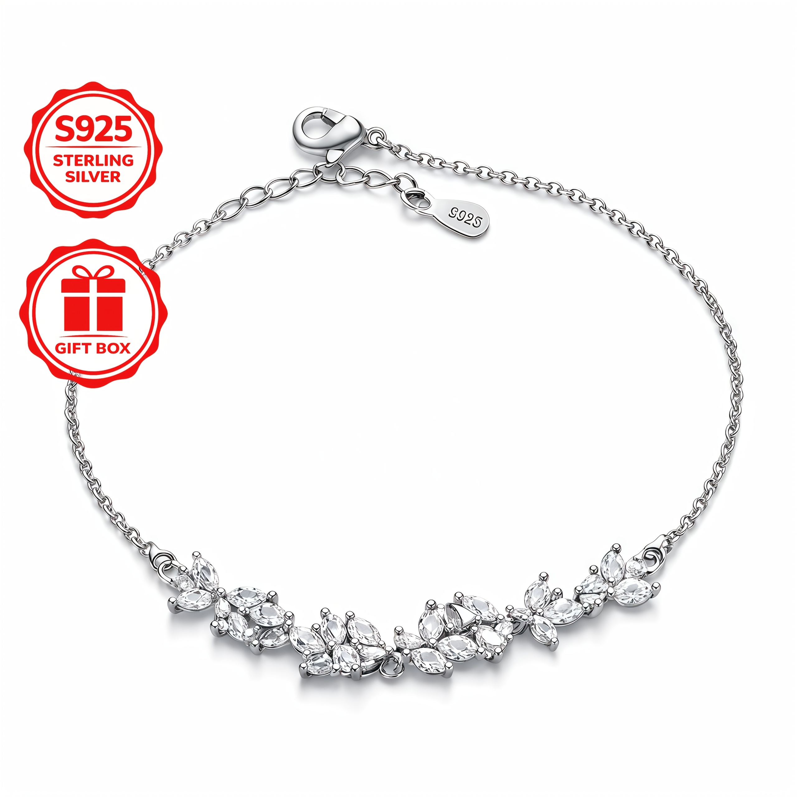 Image of New Arrival Vintage 925 Sterling Silvery Bracelet For Women, 5a Cz , Comfortable Wear, Everyday Essential, Classic Flower Motif, Vintage , Hypoallergenic, Lightweight & Secure, Gift Box Included