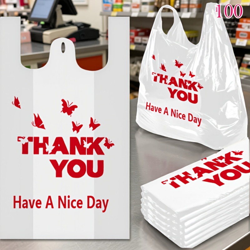 Image of 100pcs New "white Thank You Transparent Vest Bag" Vest Bag Plastic Bag Commercial Plastic Bag Shopping Retail Bag Vest Bag, Durable Plastic, For And, Mall Small Bag Multipurpose