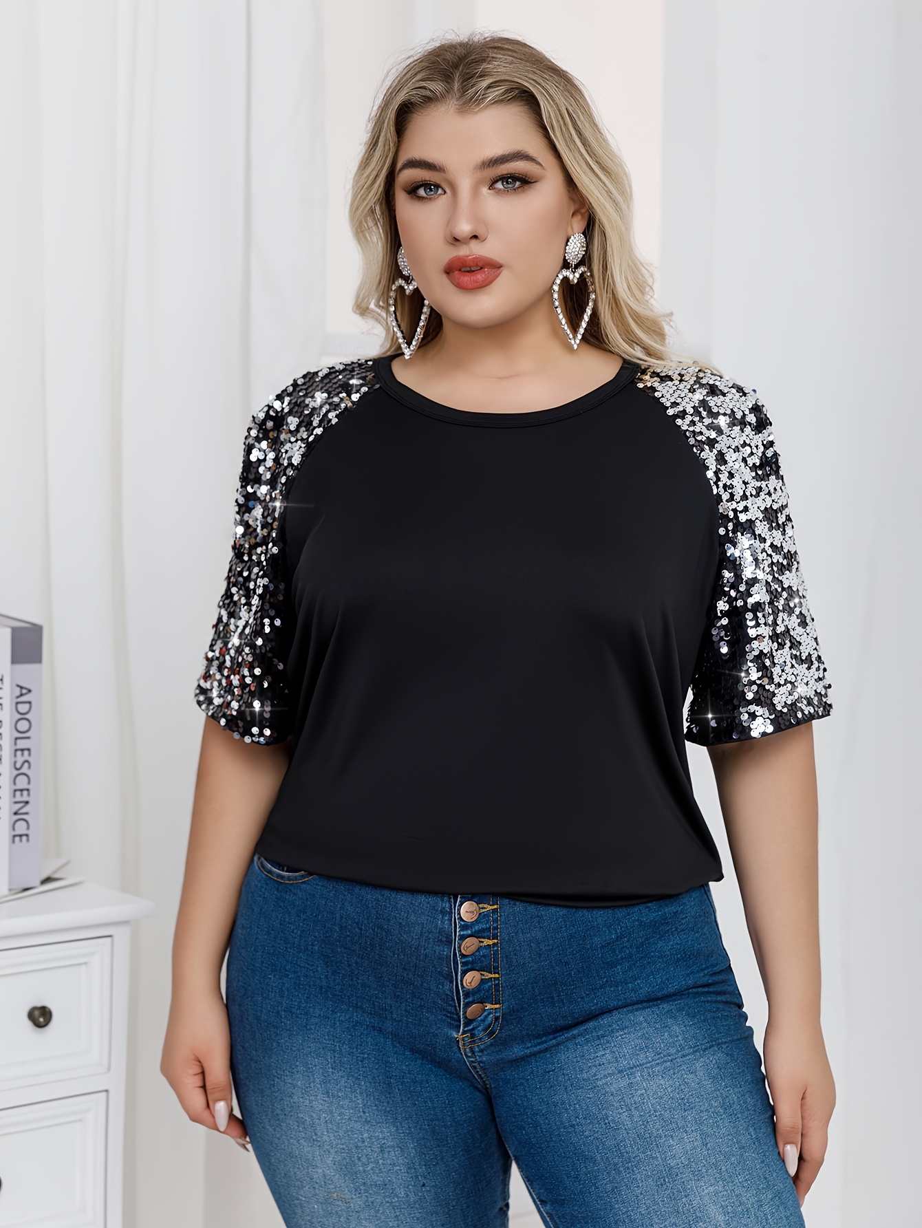 plus size sequin paneled t shirt elegant short sleeve crew Temu