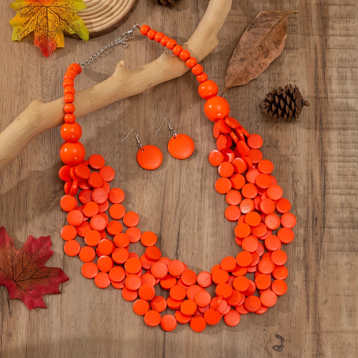 1 pair of earrings 1 necklace boho style jewelry set made of wooden plates match daily outfits pick a     details 6