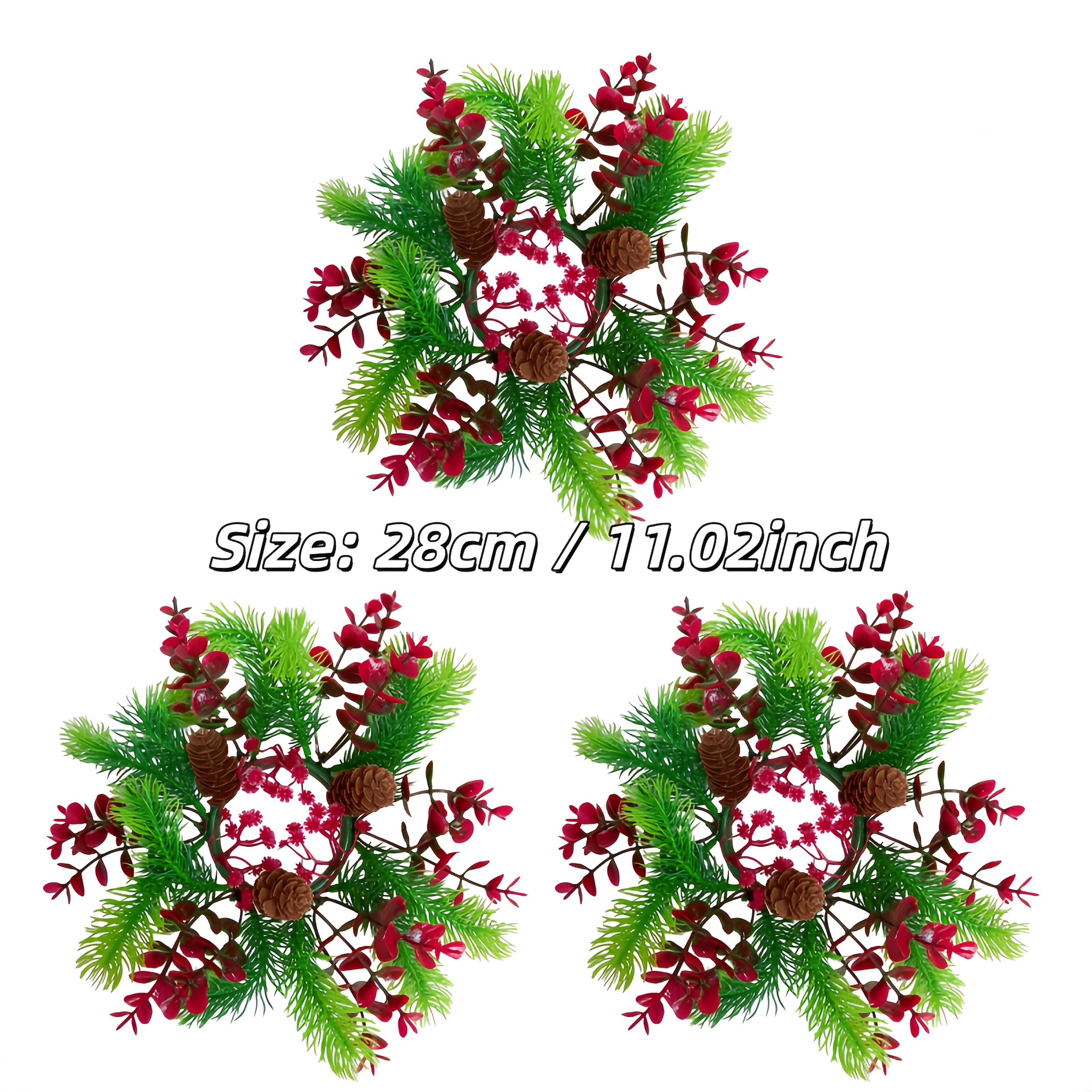 TEMU 3pcs Christmas Candle Holder Wreath Set, Artificial Red Eucalyptus, Nut Berry, And Candle Holder Wreath, Realistic Faux Greenery Candle Holder,
