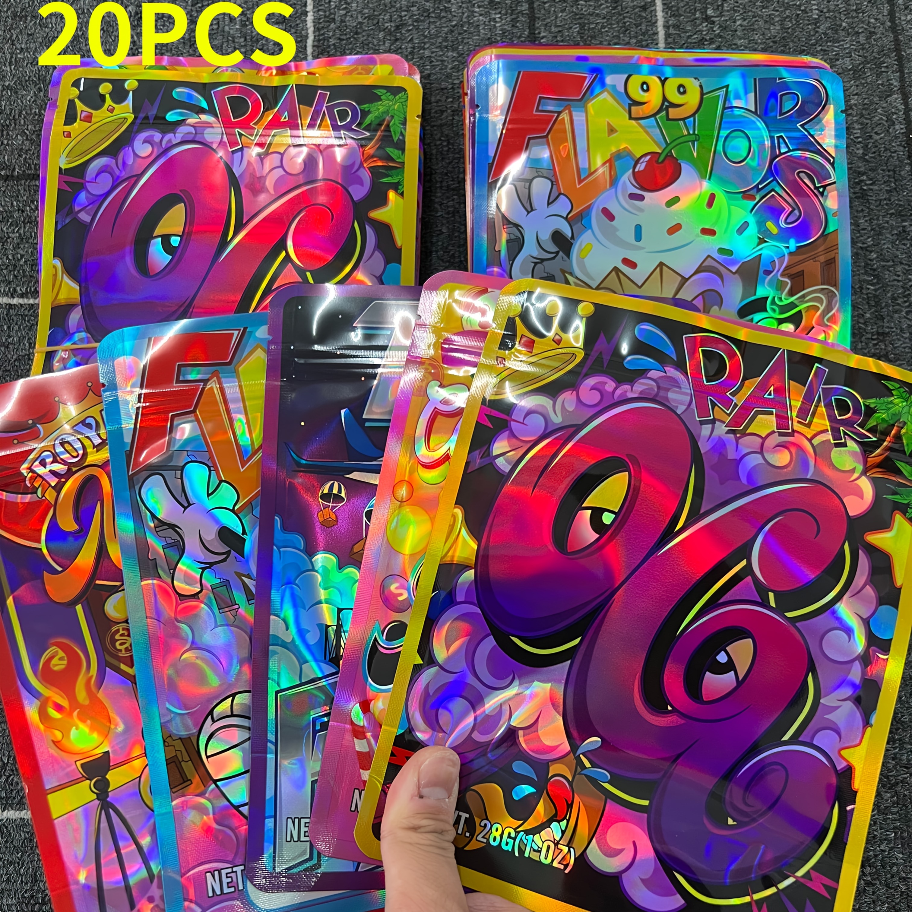 Image of 20 Large 28g Polyester Film Sealing Bags With Mixed Patterns, Resealable Plastic Packaging, 3d Laser Printing, Odor-proof Storage Bags, Featuring Sealed Polyester Film, And Laser Gift Wrapping Bags