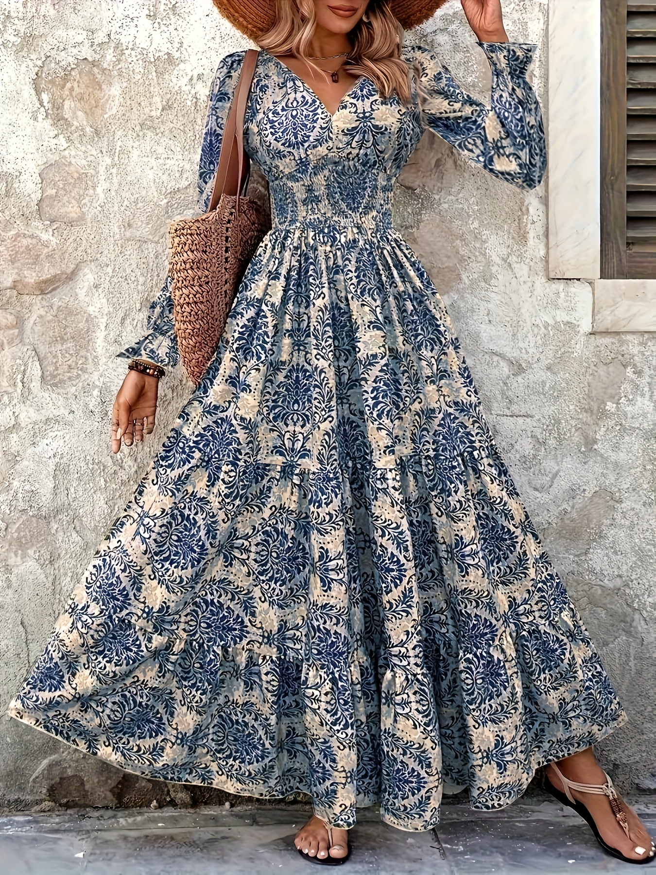 an elegant paisley print v neck long dress puff sleeves a - Temu Mauritius