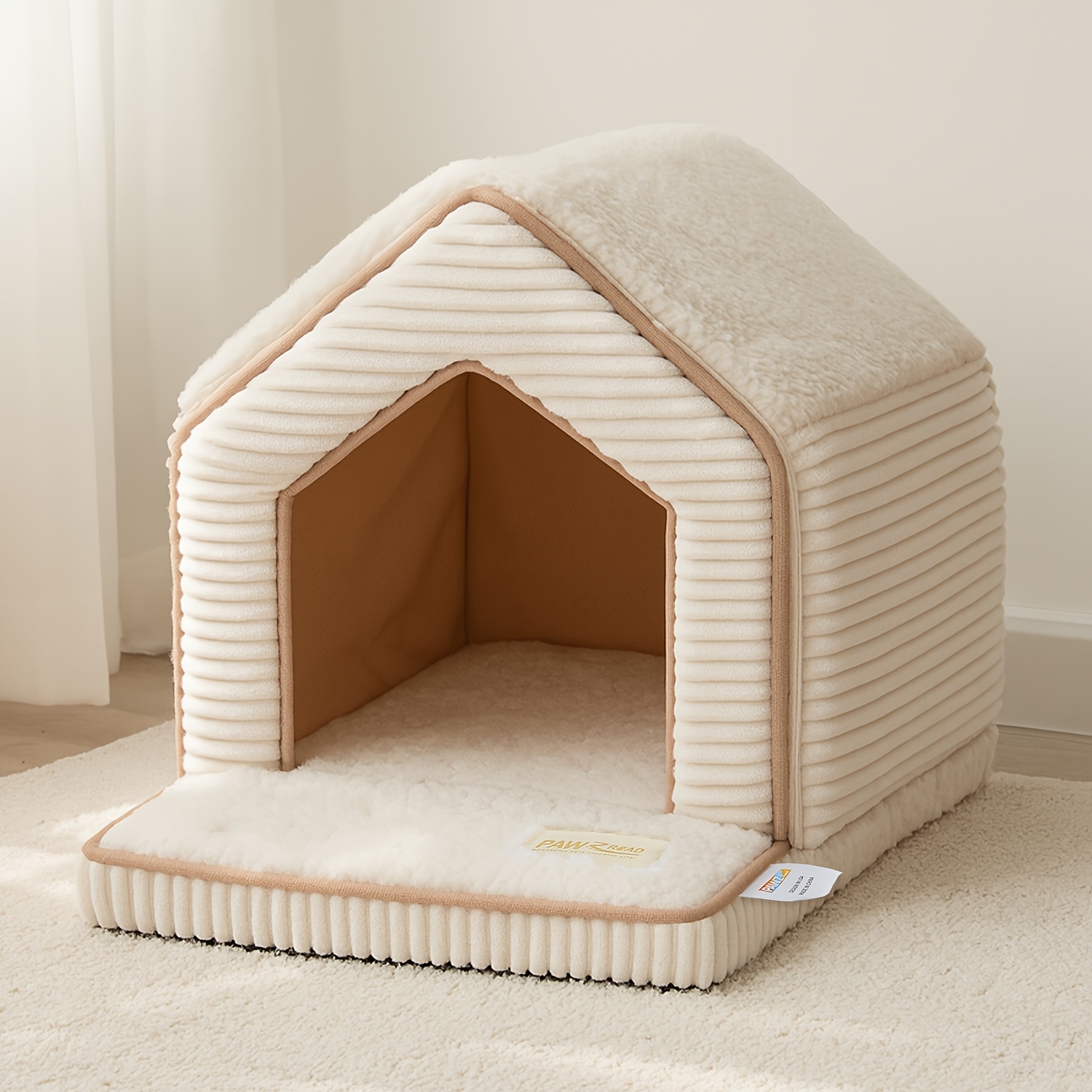 Image of Road Foldable Pet House Bed For Cats And Small Dogs, 46 X 38 X 39cm Washable Indoor Cat Cave With Foam Cushion, Non-slip Base, White