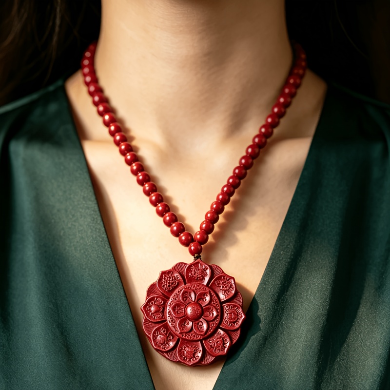 Chinese Style Red Sand Embossed Lotus Pendant Necklace