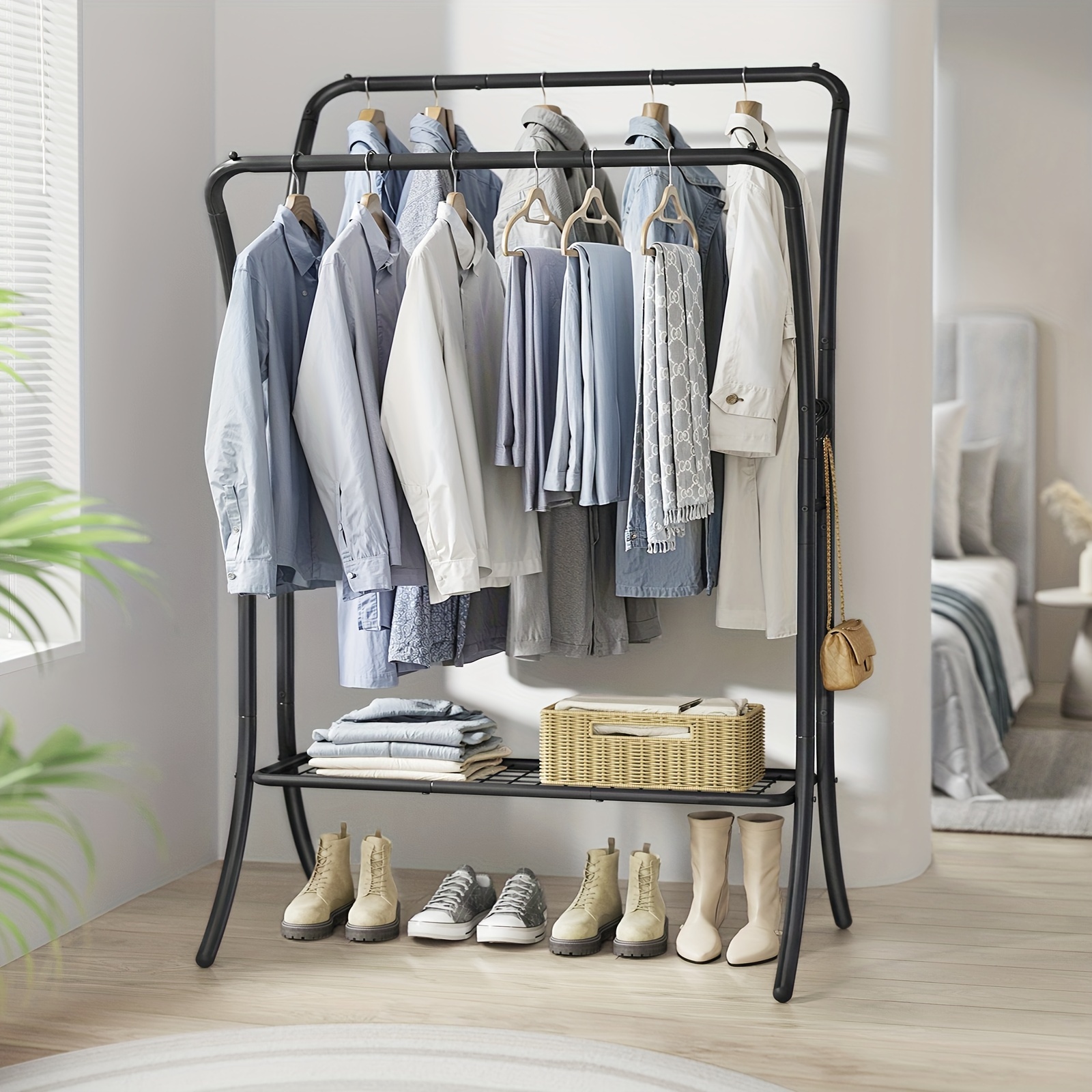 

1pc Clothes Rack, Clothing Rack With Shelves, Garment Racks Heavy Duty, Double Rod Clothes Rack With 6 Hooks, Clothes Storage And Display, For Living Room