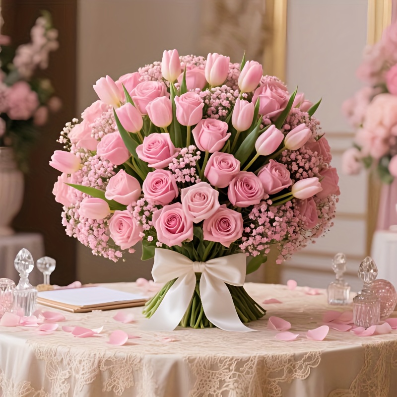 A Bouquet of 38 Artificial Roses, Tulips, And 'S Breath, Realistic Home Decor Suitable for Living Rooms, Tabletops, Gardens, Malls, Coffee Shops, And More - Usable All Year Round Without Maintenance, Perfect for Anniversaries, Thanksgiving