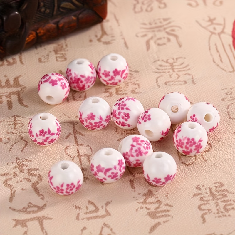 

50pcs Pink And Blue Floral Pattern Ceramic Beads For Diy Jewelry Making - Handmade Woven Bracelet And Necklace Supplies