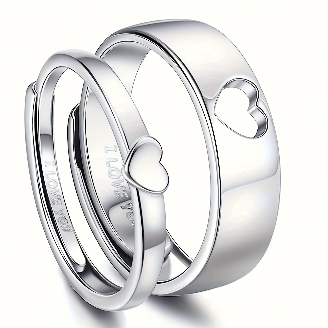 

1 Pair Couple's Matching Heart Promise Rings Set, Silver Plated, "i Love You" Engraved, High Polish Adjustable Open Band, Elegant & Minimalist Style For , Engagement Wedding Ring Set