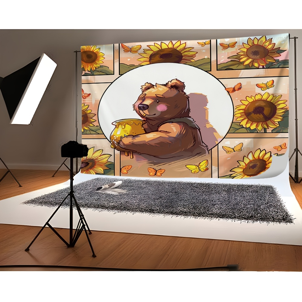 Cute Brown Bear Sunflower Honey Photography Backdrop, 2D Flat