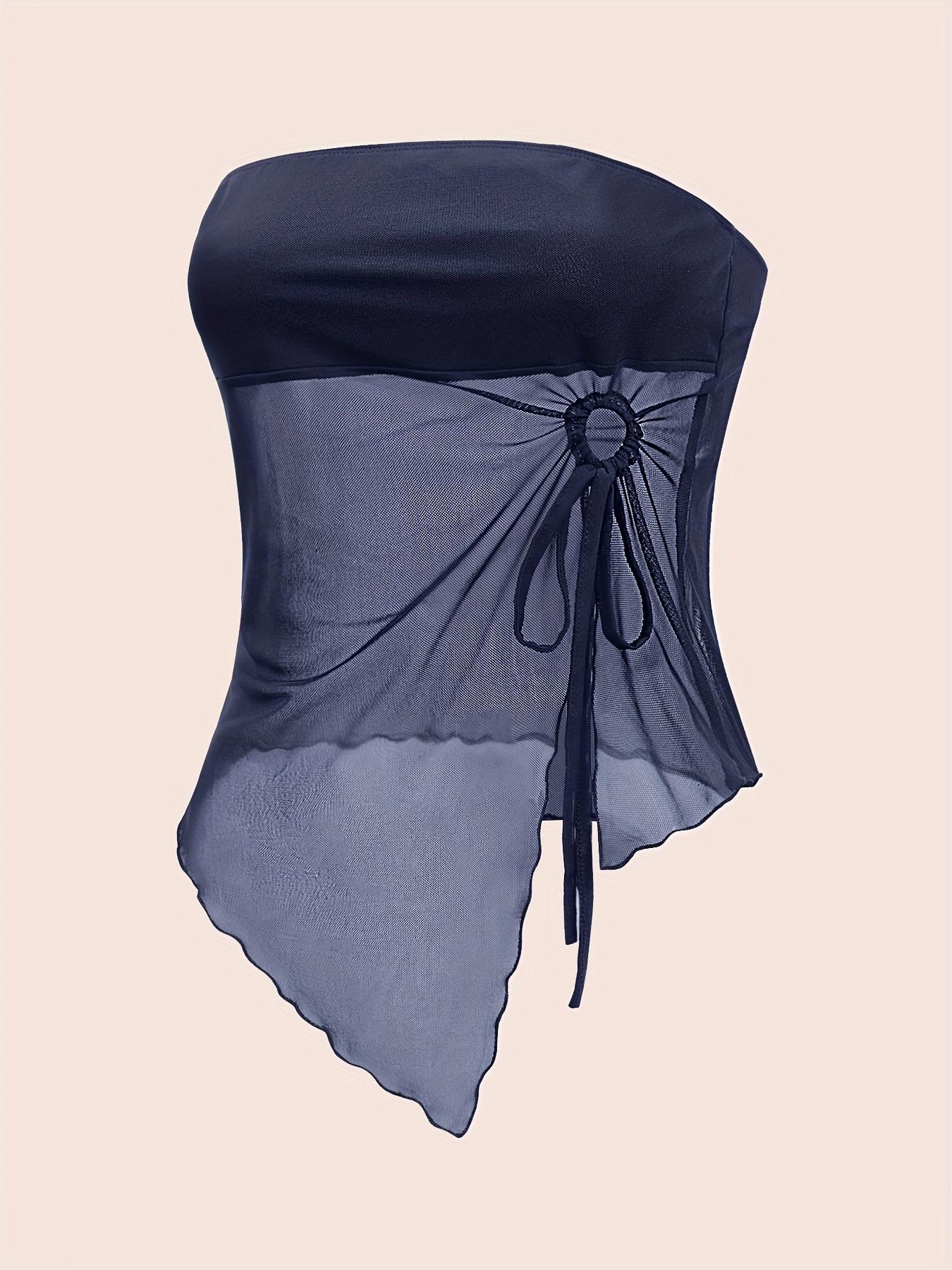 lavender mesh tube top asymmetrical hem drawstring detail