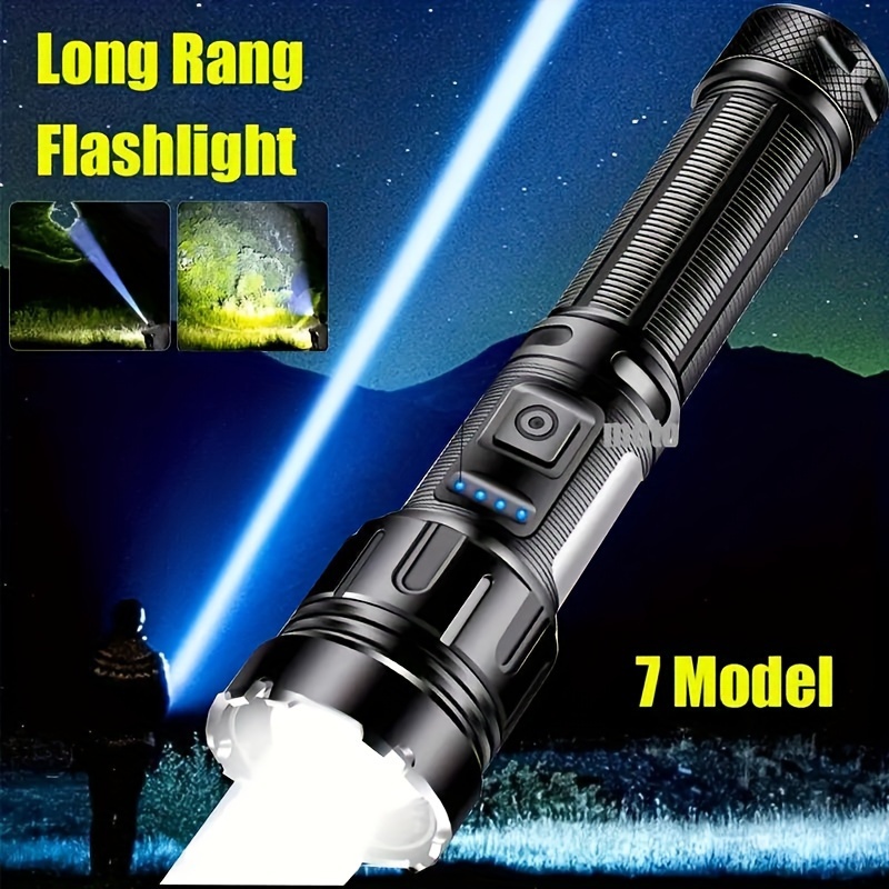 

7 Mode Rechargeable Flashlight - Adjustable Beam, , Handheld, Usb Dual , Li- Powered, Waterproof, Ideal For Emergencies, Camping, Hiking, And Outdoor Activities