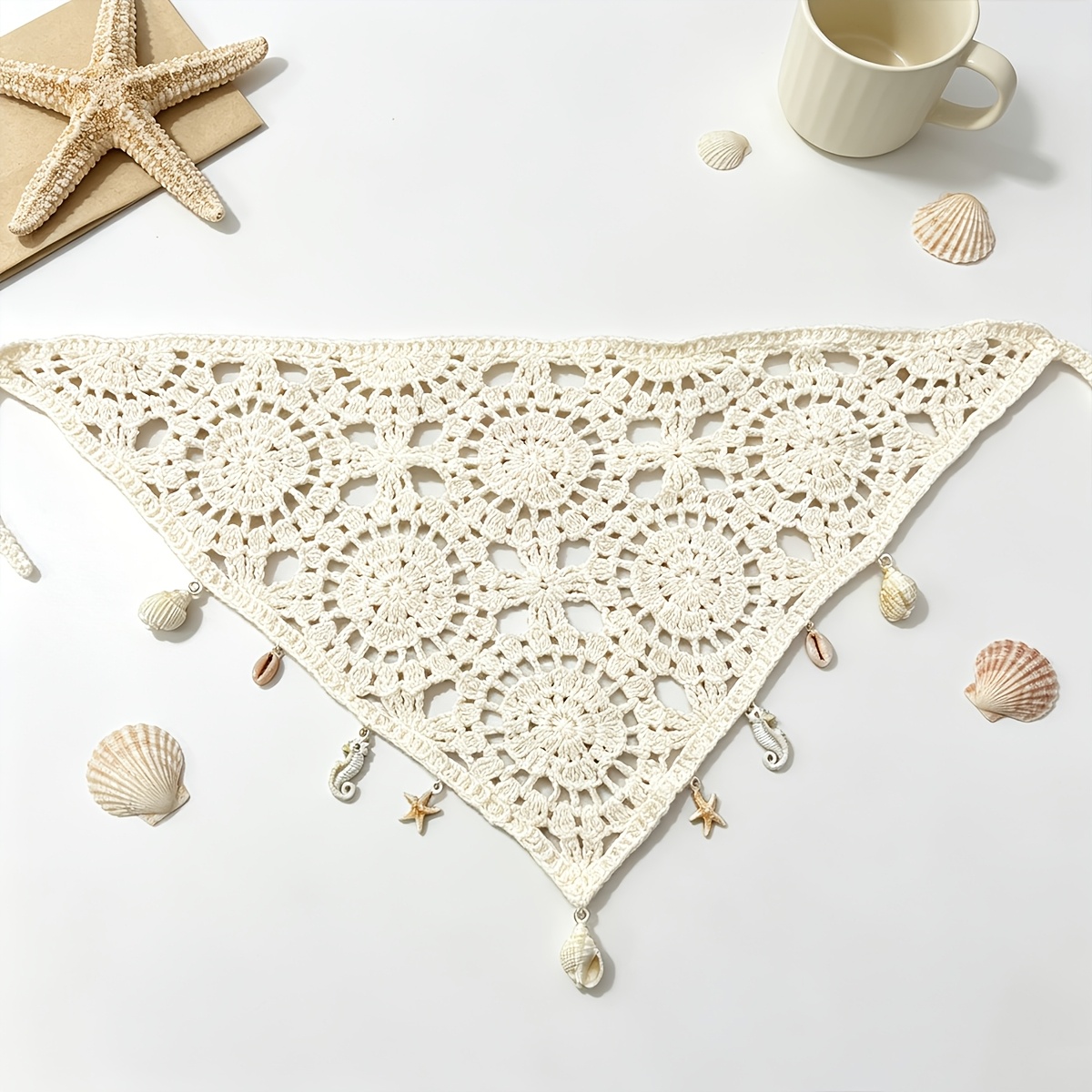 TEMU 1pc Bohemian Style Hollow Crochet Scarf Headband, Seaside Vacation Shell Seahorse Starfish Pendant Knitted Headscarf, Retro Pastoral Scarf
