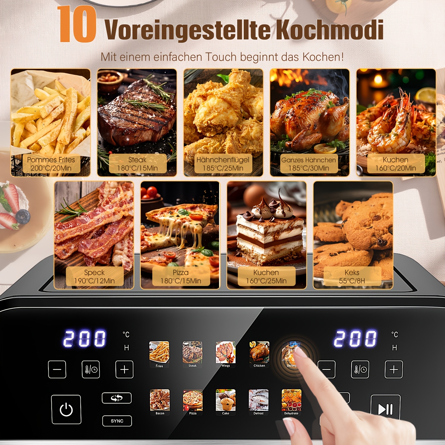 10L Dubbele Mand Airfryer Oven met Easy View Windows, Sync Finish, Hi-Fry, Auto Shutoff, 2 Onafhankelijke 5L Anti-aanbak Frituurmanden, Digitale Dubbele Air Fryer, Snelle & Gemakkelijke Maaltijden in Minuten, Met Digitale Timer en Schudherinnering