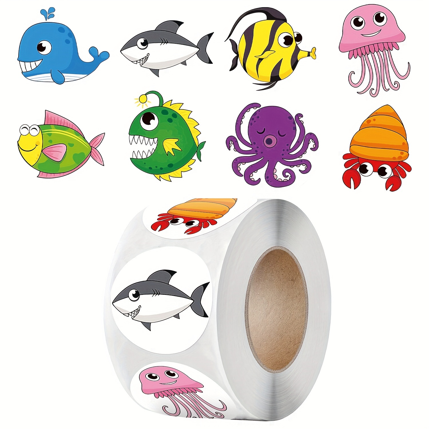 

500pcs Ocean Animal Stickers - Glossy Round Paper Labels For Thank You Decoration, Single-use Adhesive Seals - Assorted Underwater Creatures