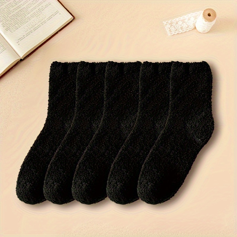 

5 Pairs Solid Fuzzy Socks, Warm & Simple Mid Tube Socks, Women's Stockings & Hosiery