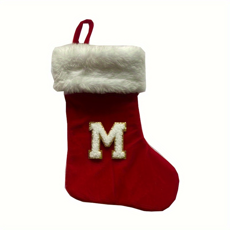 Image of 1pc Christmas Stocking With Initials - Red/grey Velvet With Thick White Plush Brim, Choose From All , Diy Name Stocking For Fireplace, Stairs, Tree, Or Home Decor, Gift, Christmas Stocking Holder
