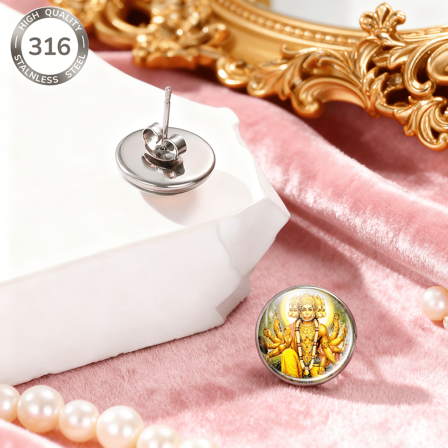2pcs Set Hanuman No-Piercing Ear Studs, Gold
